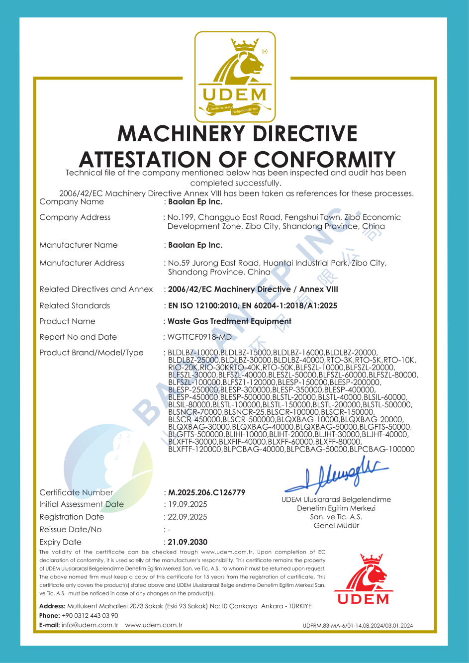 UDEM Certificate of Machinery Directive